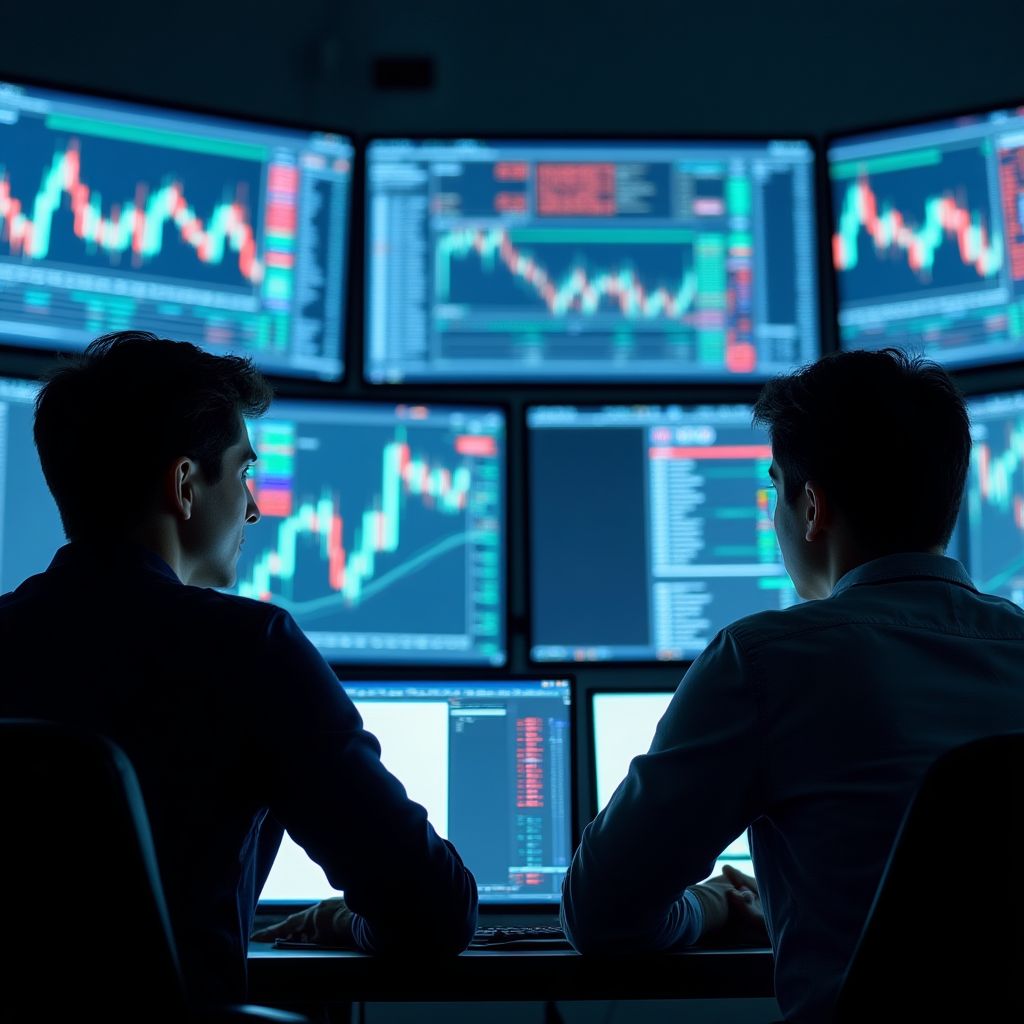 Estudiantes colaborando en una sala de trading.