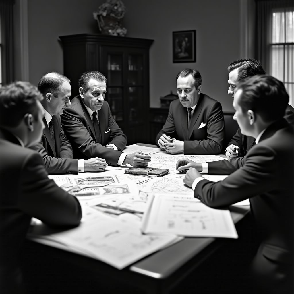 Foto en blanco y negro de los fundadores en una reunión inicial.