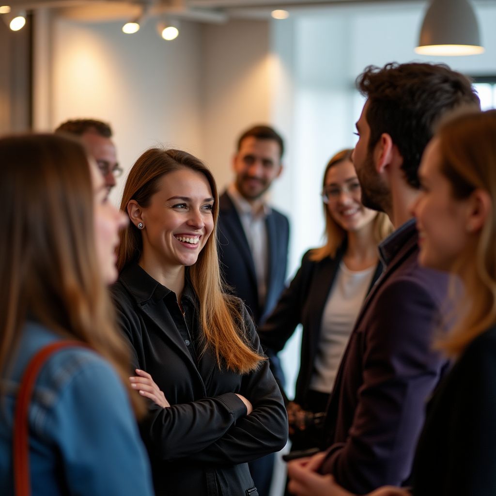 Estudiantes de trading de diversas nacionalidades conversando en un evento de networking.
